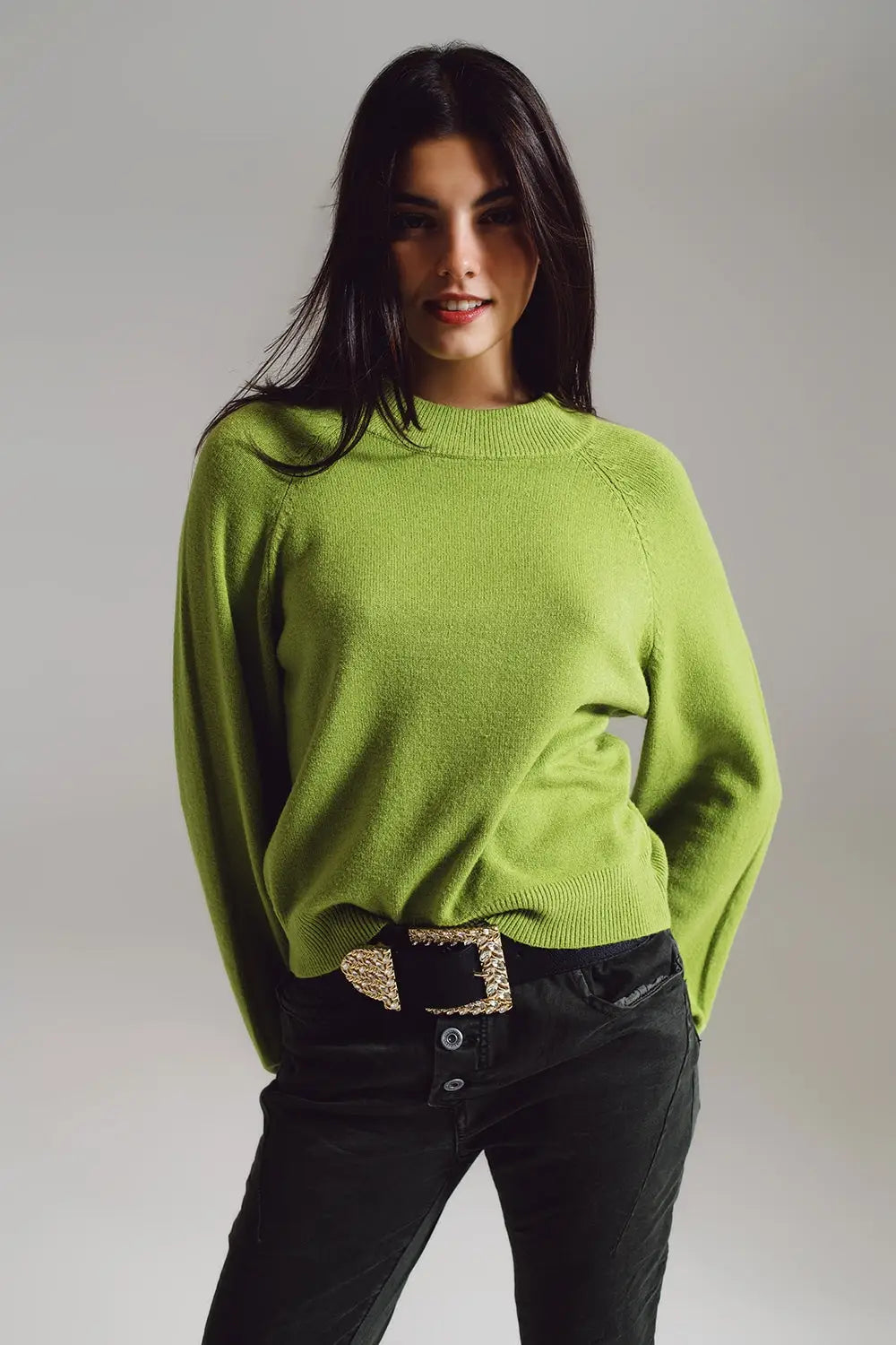 relaxed style green jumper with balloon sleeves - GREEN / ONE - Sweaters