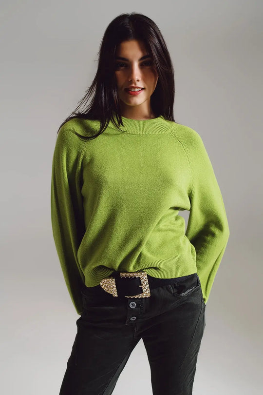 relaxed style green jumper with balloon sleeves - GREEN / ONE - Sweaters
