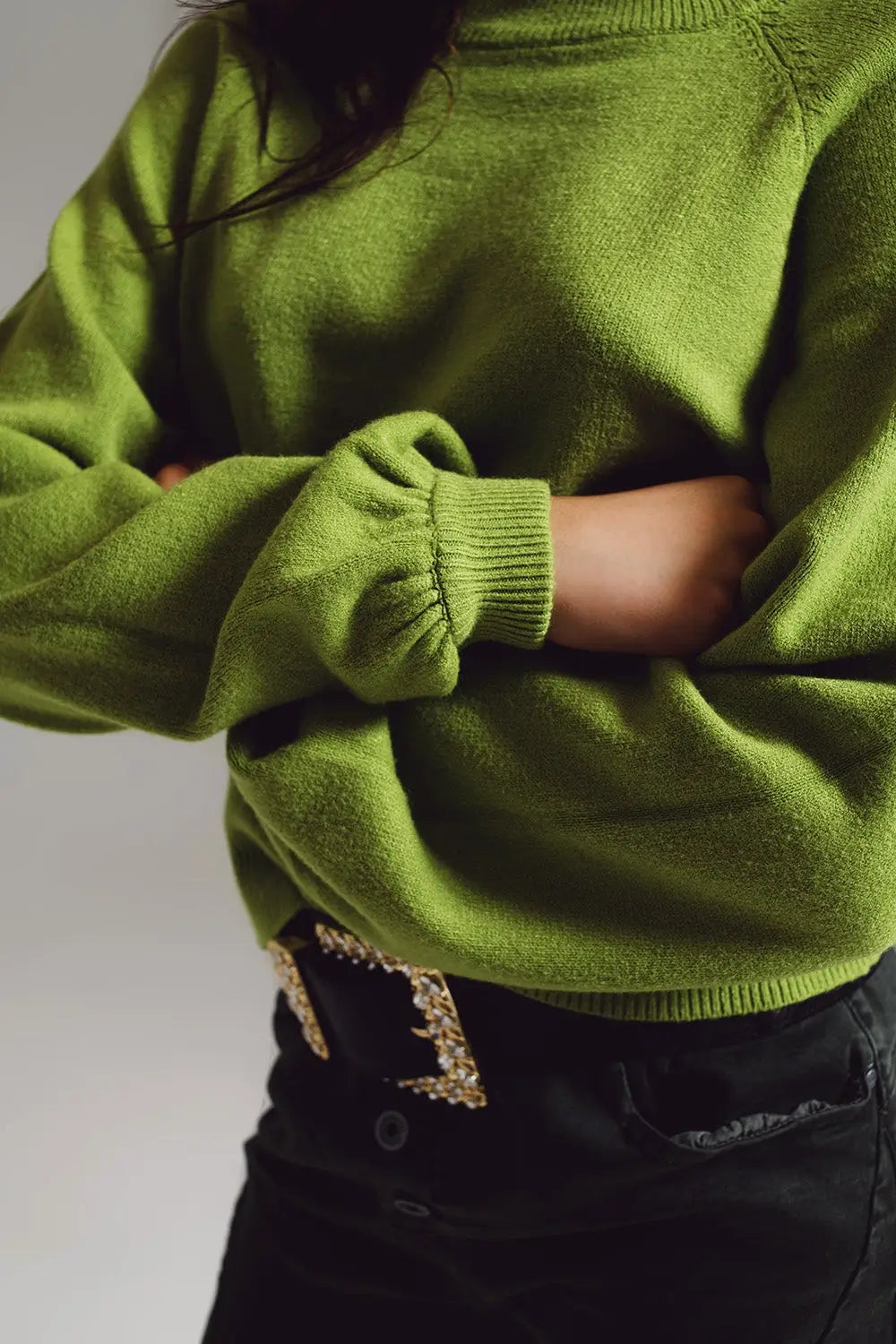 relaxed style green jumper with balloon sleeves - GREEN / ONE - Sweaters