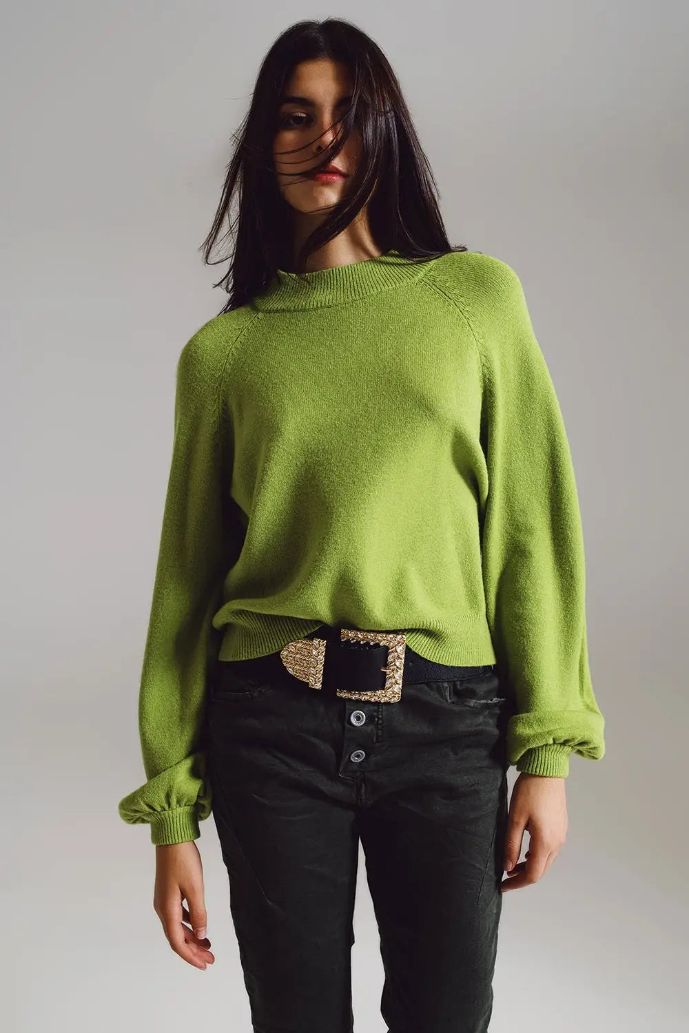 relaxed style green jumper with balloon sleeves - GREEN / ONE - Sweaters