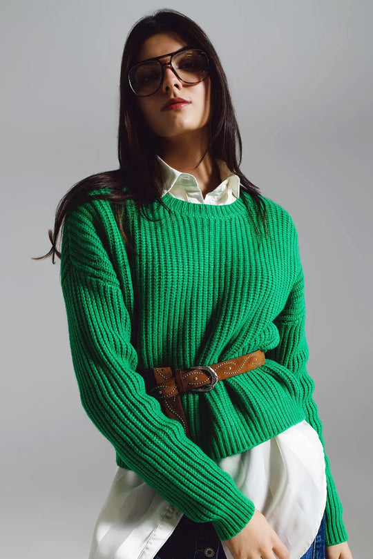 Relaxed waffle knit jumper in bright green - GREEN / ONE - Sweaters