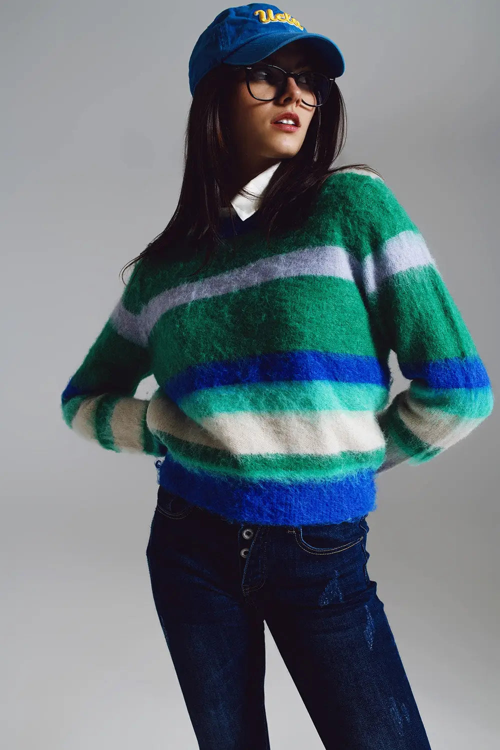 Fluffy Stripy Sweater in Shades of Blue Green and White. - GREEN / ONE - Sweaters