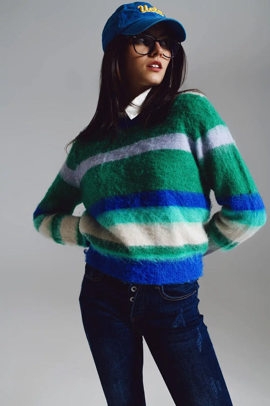 Fluffy Stripy Sweater in Shades of Blue Green and White. - GREEN / ONE - Sweaters