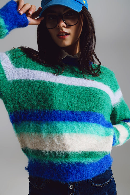 Fluffy Stripy Sweater in Shades of Blue Green and White.