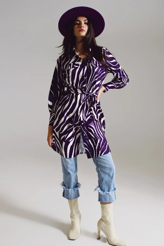 Midi short dress with zebra print in white and purple - Dresses