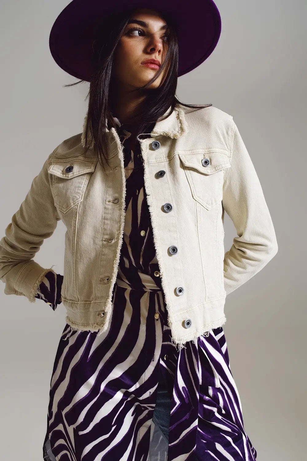 Raw edge denim jacket in beige - Jackets