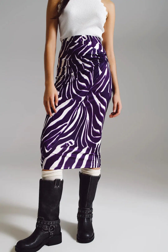 Wrap skirt with gathered detail at the side in Purple and Cream Zebra Print - Skirts
