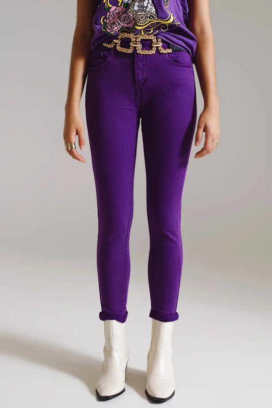 Purple ankle skinny jeans with soft wrinkles - Colored Jeans