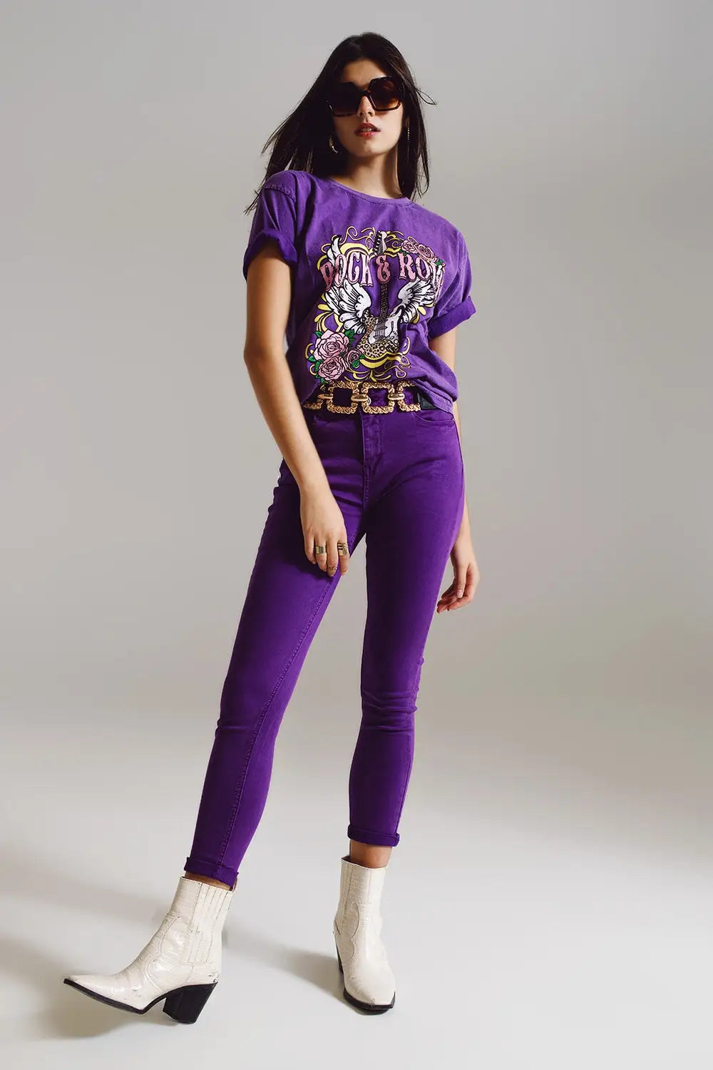Purple ankle skinny jeans with soft wrinkles - Colored Jeans