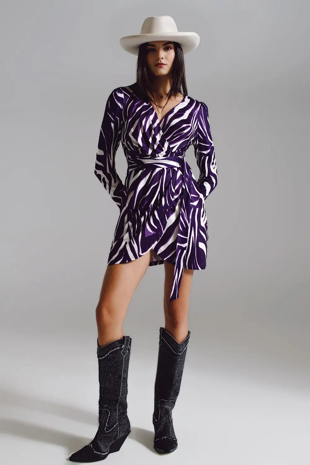 Wrapped Long Sleeve dress With Belt in Cream and Purple Zebra Print - Dresses