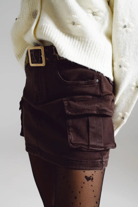 Cargo Mini Skirt in Dark Brown - Skirts