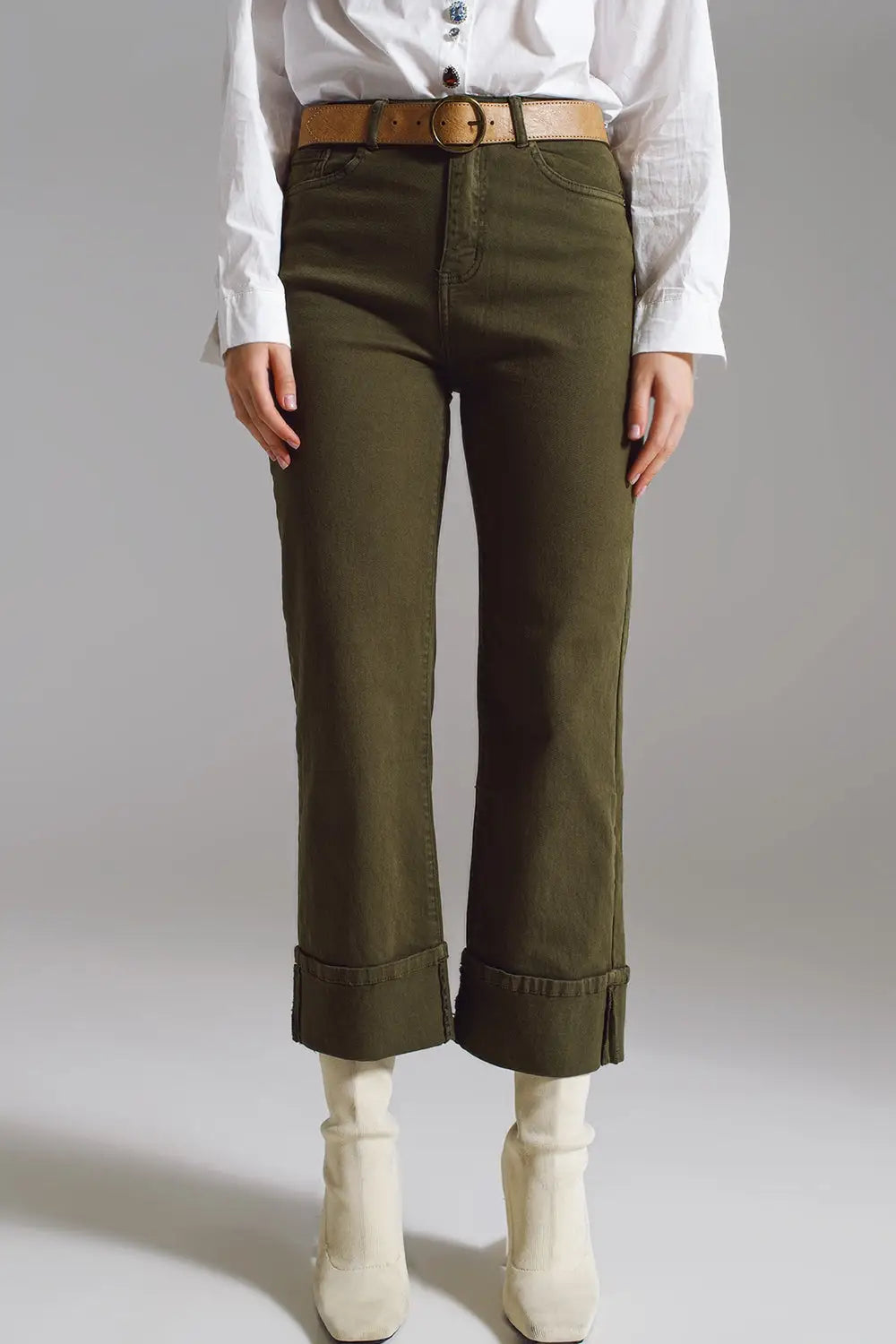 Straight Leg Jeans with Cropped Hem in dark Green - Colored Jeans