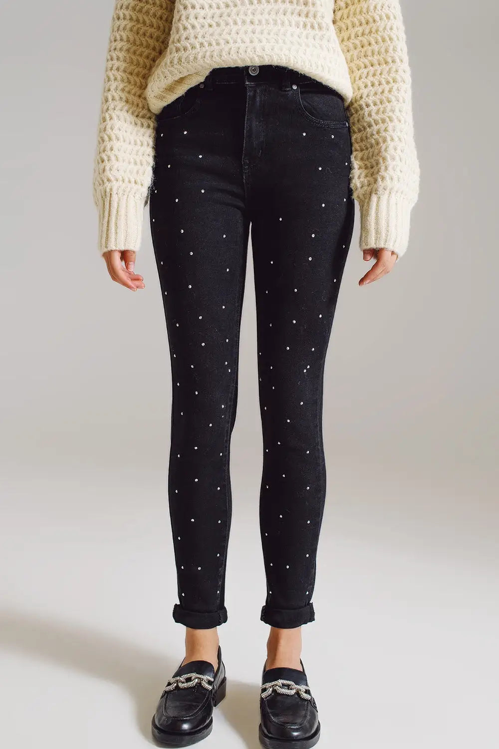 Skinny Jeans With Embellished Strass All Over In Black - Colored Jeans