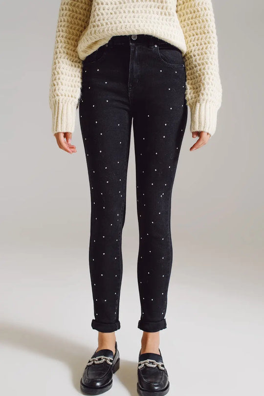 Skinny Jeans With Embellished Strass All Over In Black - Colored Jeans