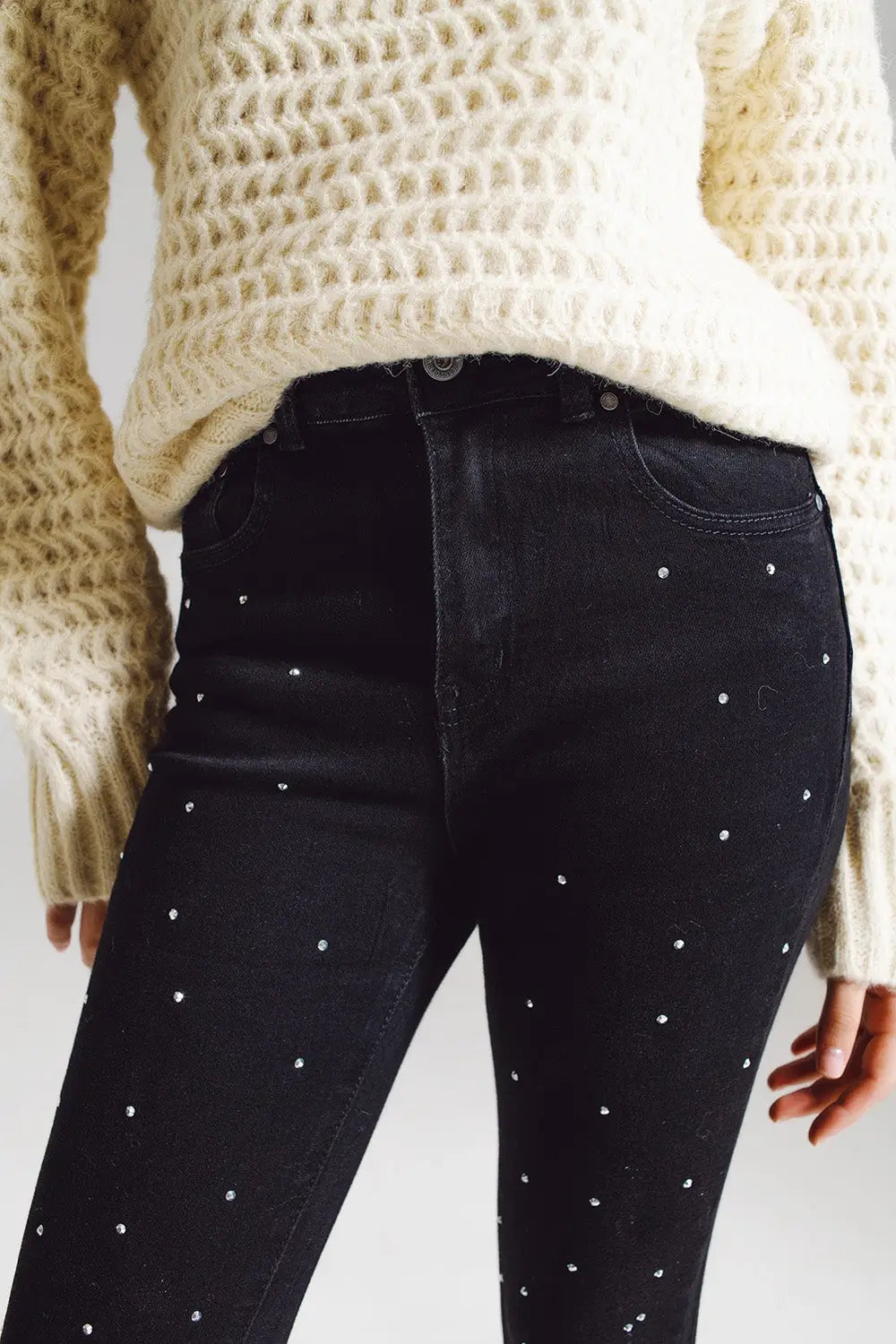 Skinny Jeans With Embellished Strass All Over In Black - Colored Jeans