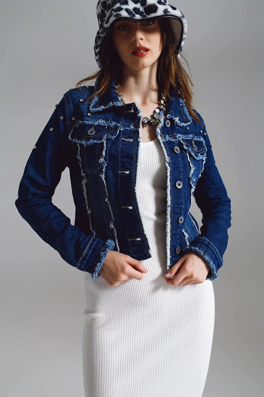 Denim jacket with frayed and embroidered details in Midwash - Jackets