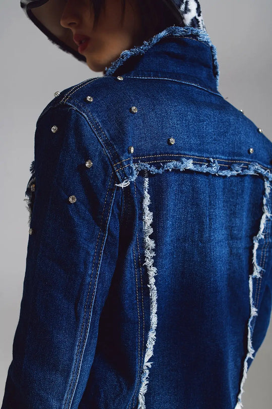 Denim jacket with frayed and embroidered details in Midwash - Jackets