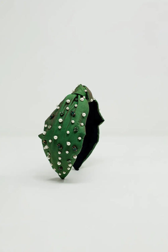 Embellished Headband With White And Green Jewells With Knot in The Middle - GREEN