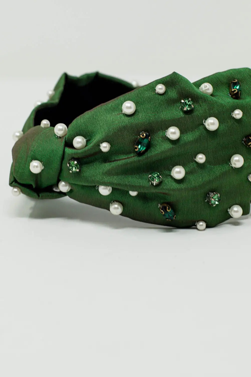 Embellished Headband With White And Green Jewells With Knot in The Middle - GREEN