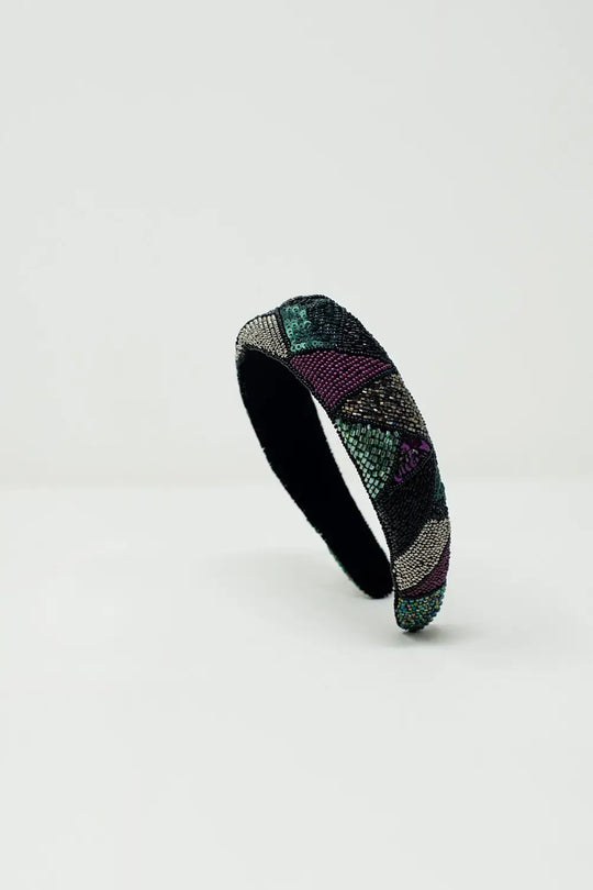 Thick Embroidered Headband in Cool Colors - BLACK