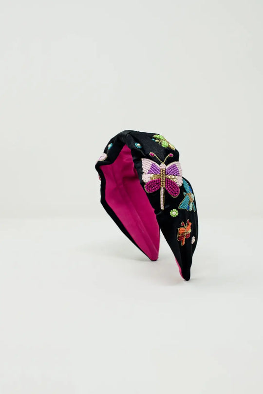 Black Headband With Embroidered Butterflies and Flowers - BLACK