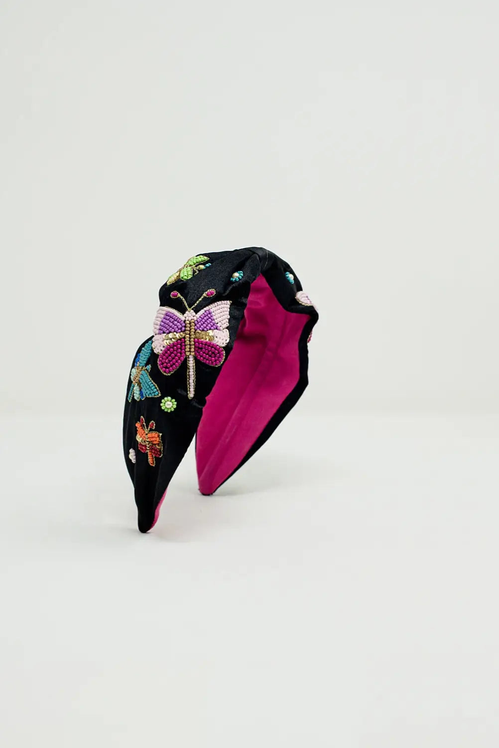 Black Headband With Embroidered Butterflies and Flowers - BLACK
