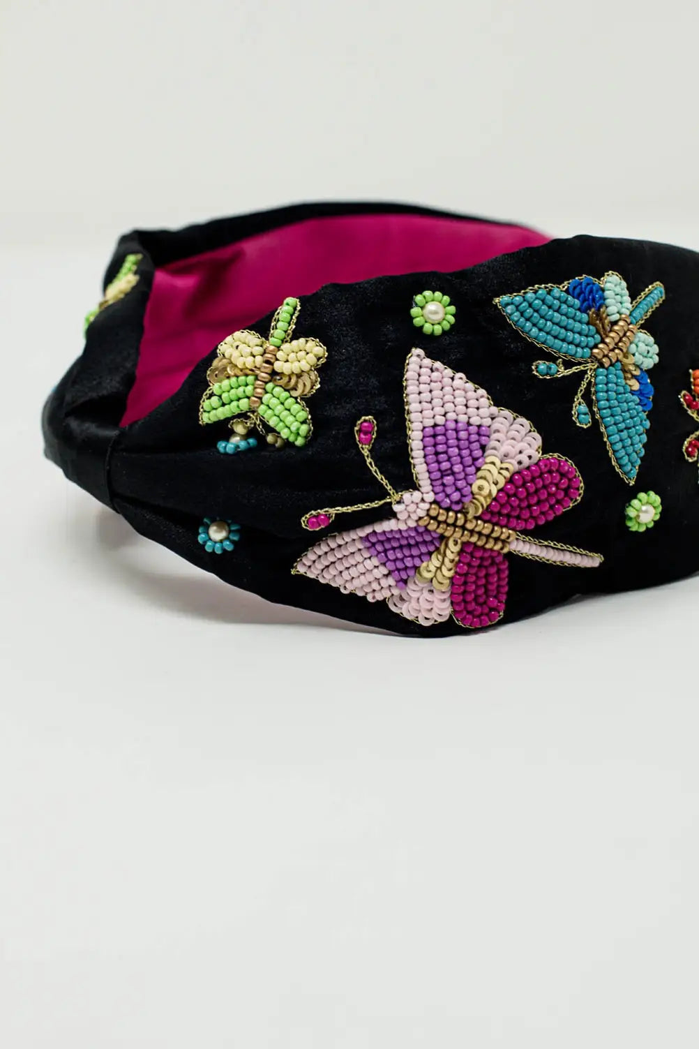 Black Headband With Embroidered Butterflies and Flowers - BLACK