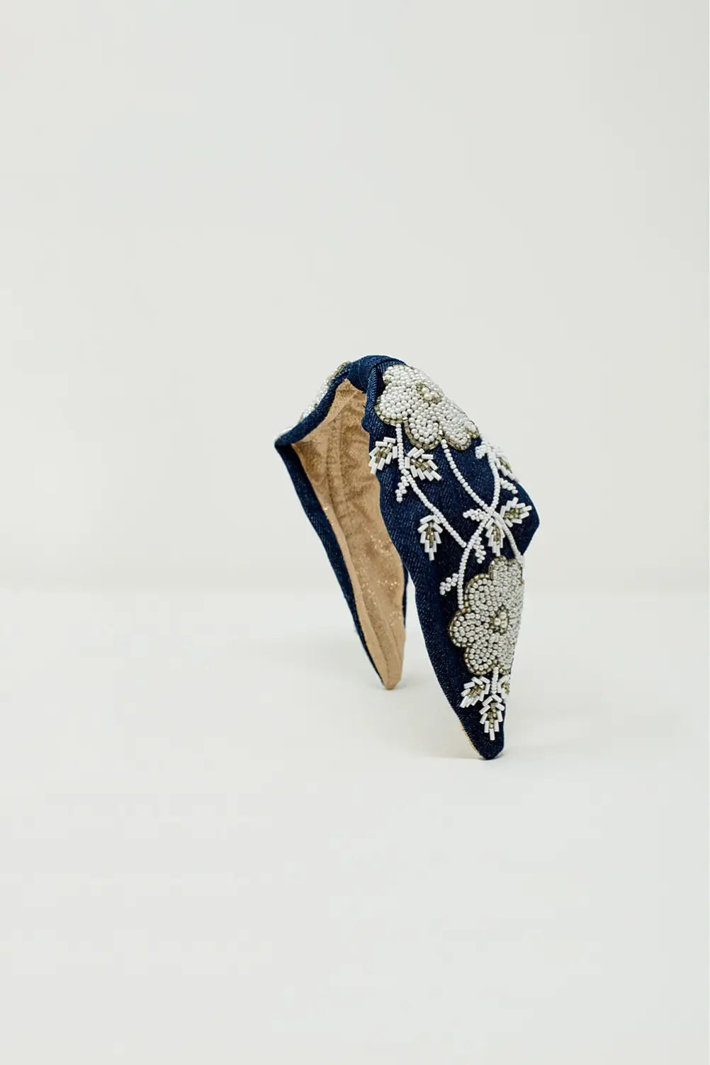 Navy Headband With Big Embroidered Flowers in White - BLACK