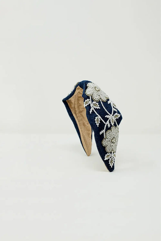 Navy Headband With Big Embroidered Flowers in White - BLACK