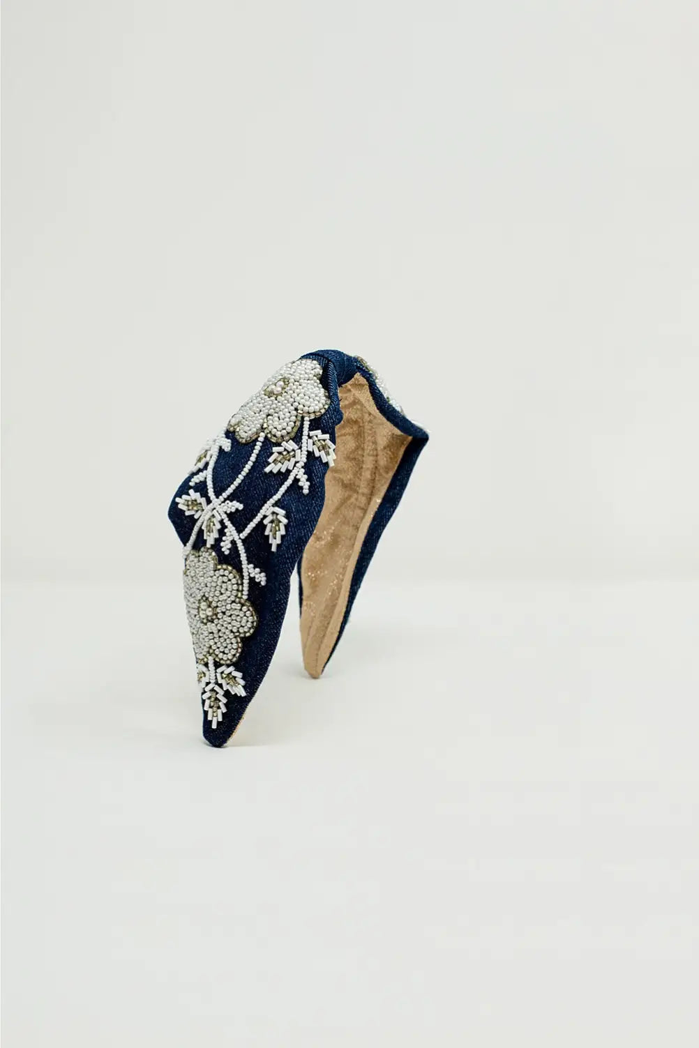 Navy Headband With Big Embroidered Flowers in White - BLACK