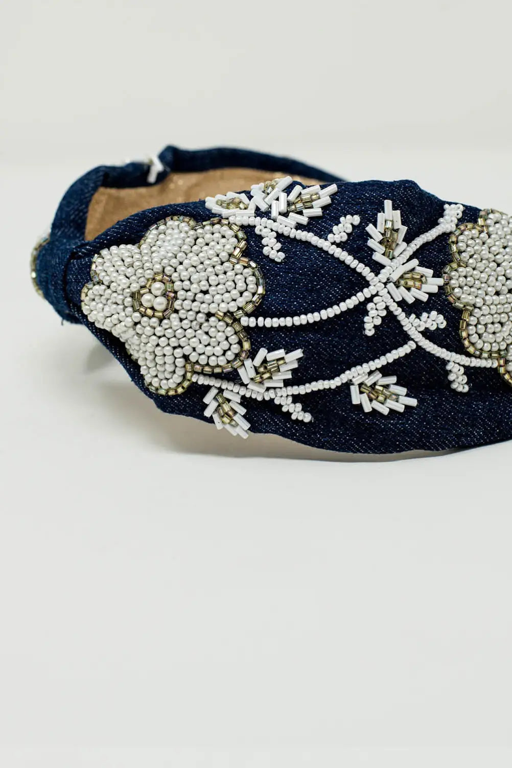 Navy Headband With Big Embroidered Flowers in White - BLACK