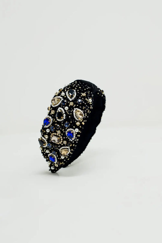 Black Headband with Big and Small Embroidered Jewells - BLACK
