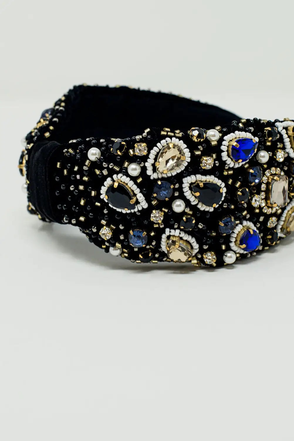 Black Headband with Big and Small Embroidered Jewells - BLACK