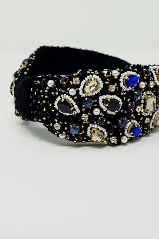Black Headband with Big and Small Embroidered Jewells - BLACK
