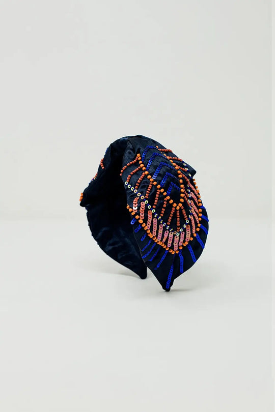 Navy blue headband with sequin and rhinestone embellishments - BLUE