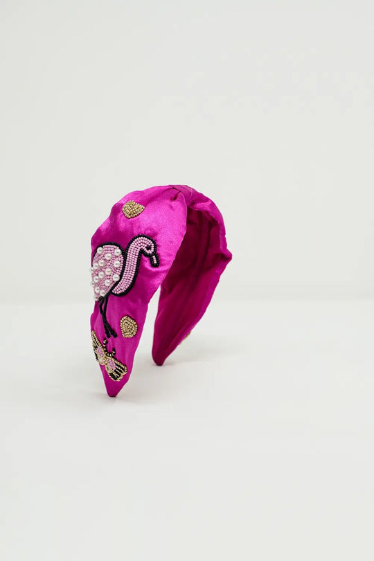 Fuchsia Satin Headband with Embroidered Flamigos - FUCHSIA