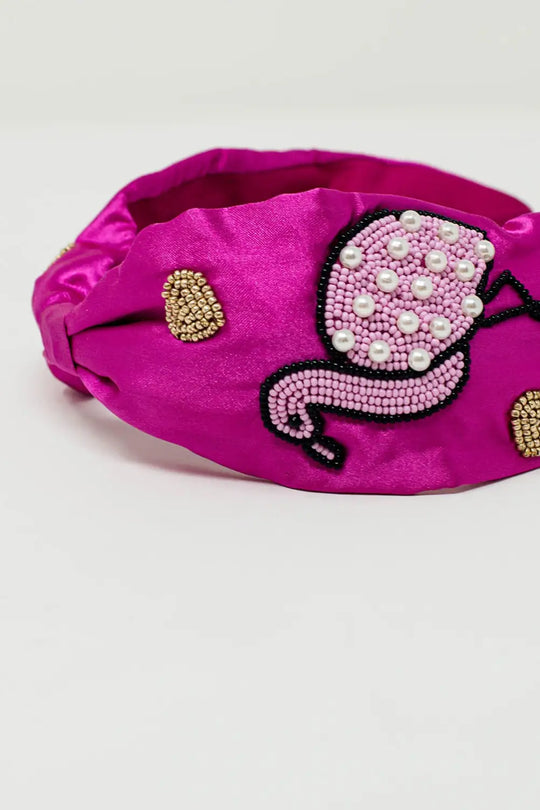 Fuchsia Satin Headband with Embroidered Flamigos - FUCHSIA