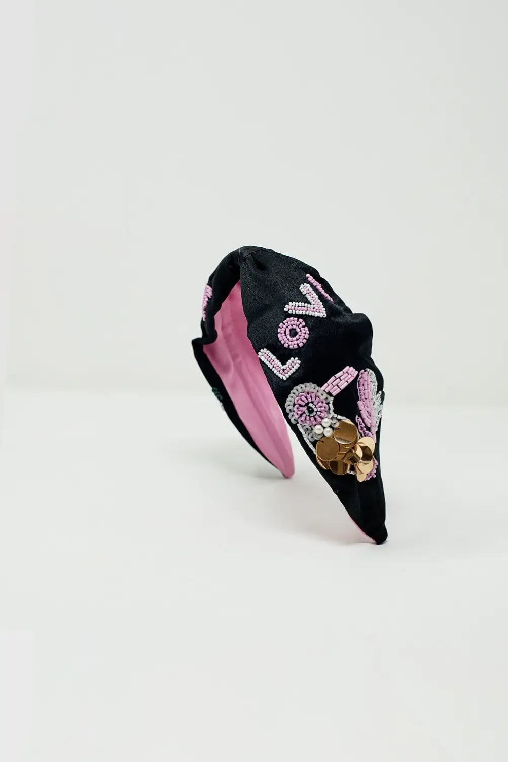 Black Headband With Embroidered Bird - BLACK