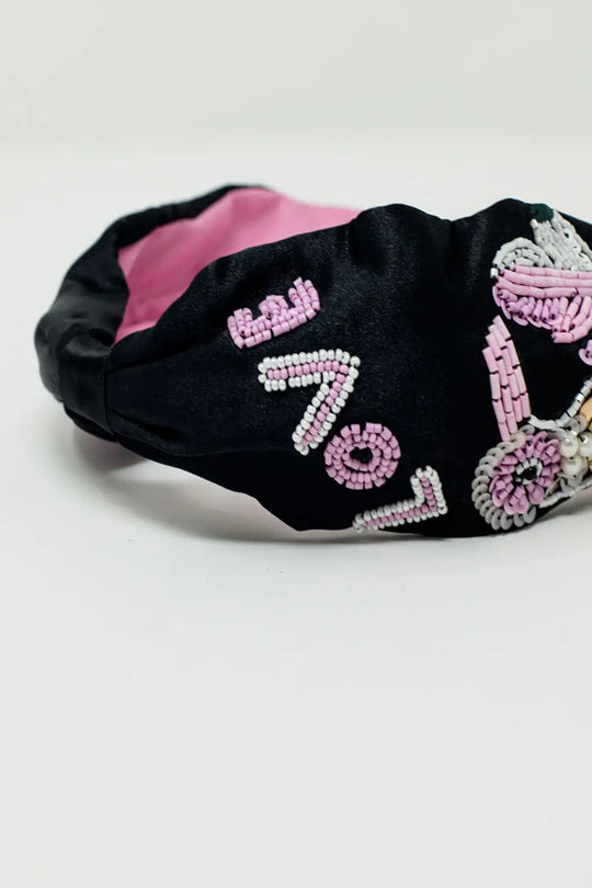 Black Headband With Embroidered Bird - BLACK