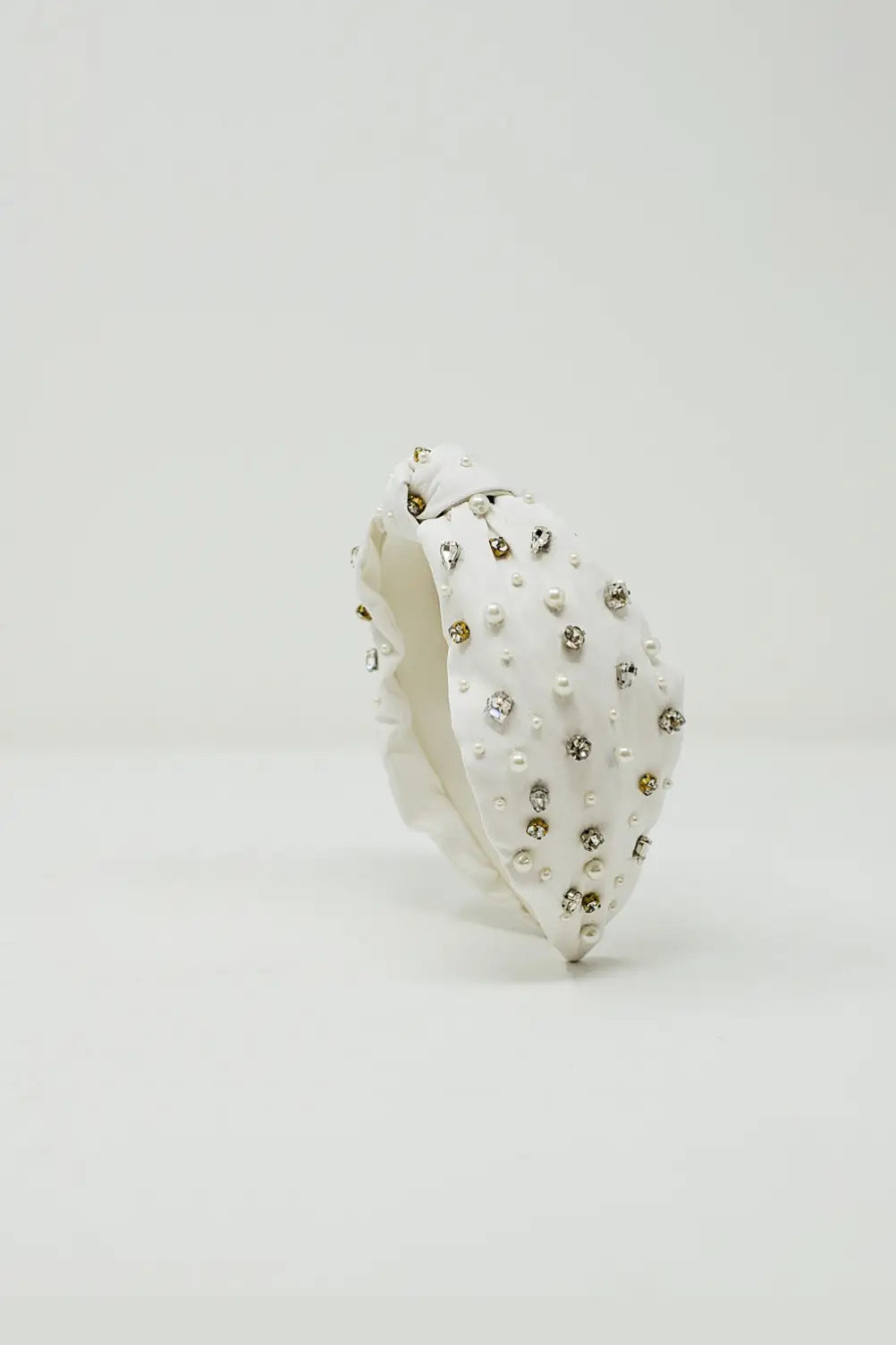 White Headband With Embellished Pearls And Strass - WHITE