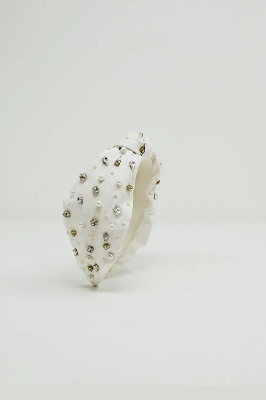 White Headband With Embellished Pearls And Strass - WHITE