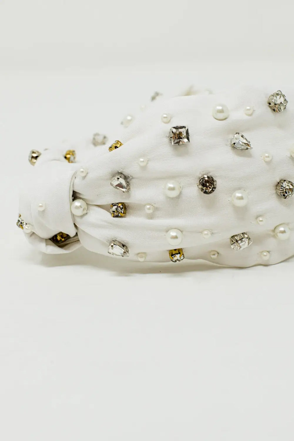 White Headband With Embellished Pearls And Strass - WHITE