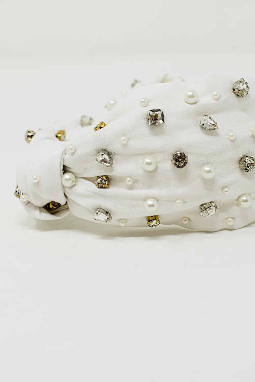 White Headband With Embellished Pearls And Strass - WHITE