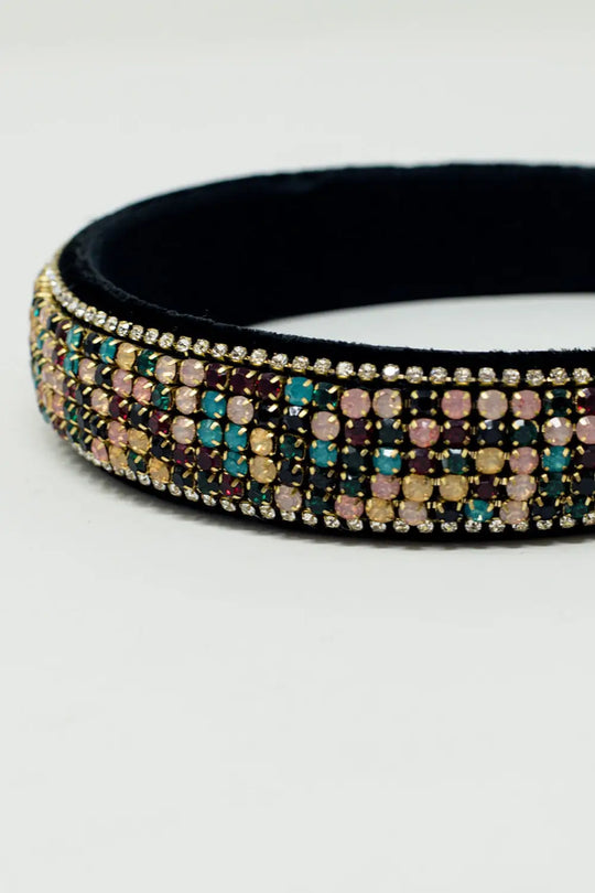 Velvet headband with rhinestone embellishments - BLACK