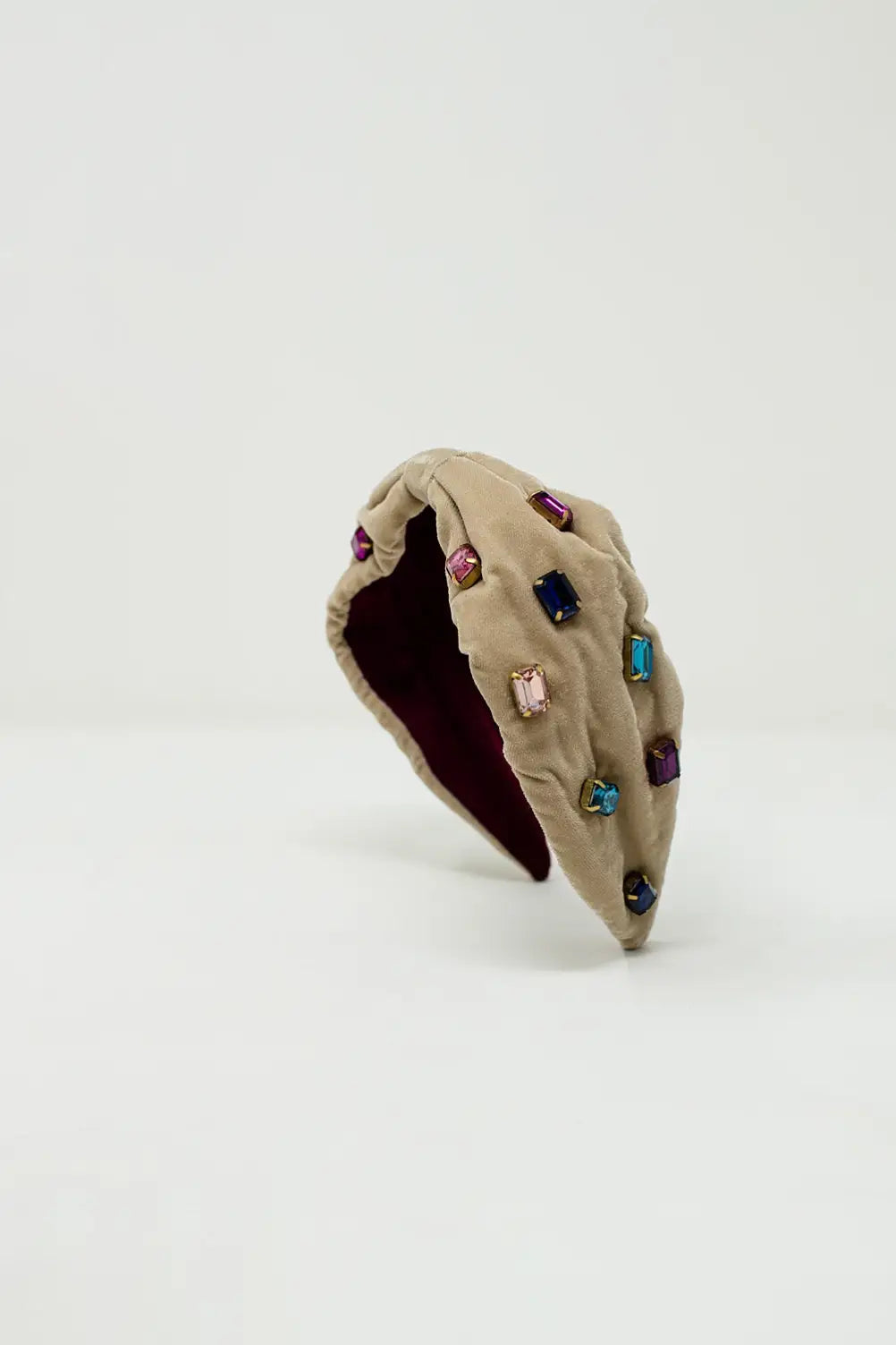 Beige velvet headband with rhinestone embellishments - BEIGE
