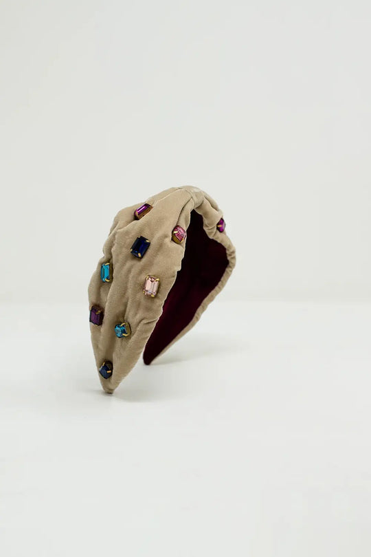 Beige velvet headband with rhinestone embellishments - BEIGE