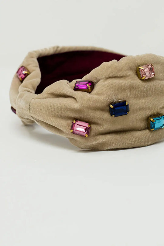Beige velvet headband with rhinestone embellishments - BEIGE