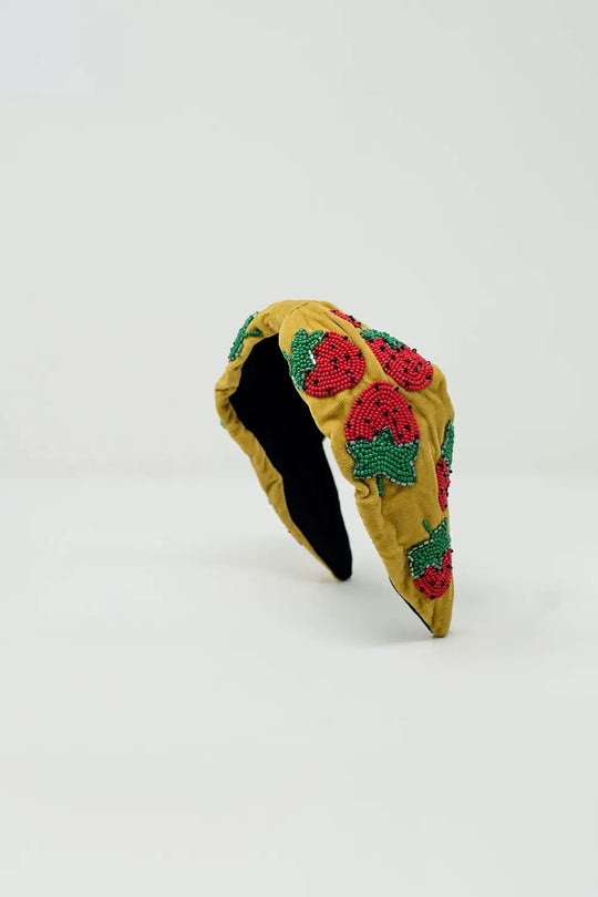 Velvet headband with strawberry-shaped bead embellishments - YELLOW