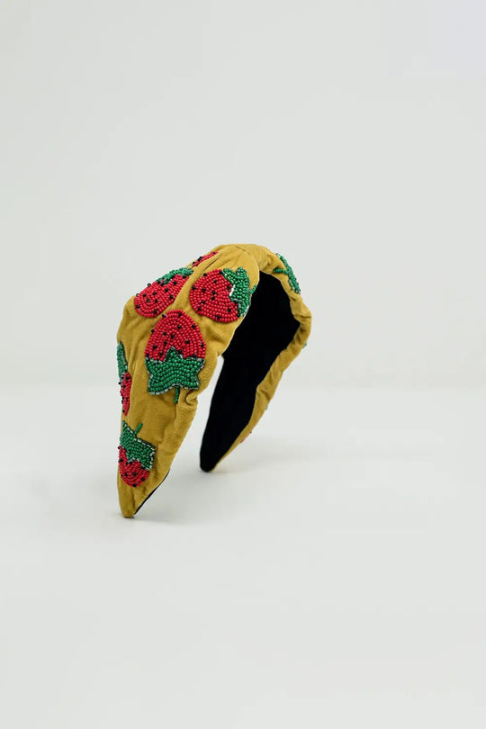 Velvet headband with strawberry-shaped bead embellishments - YELLOW