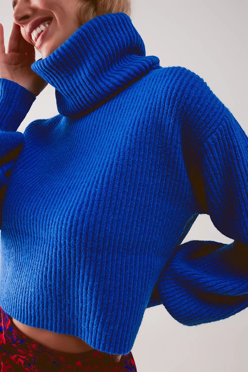 Blue ribbed knit turtleneck jumper with balloon sleeves - Sweaters